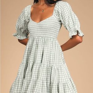 SAGE GREEN BABYDOLL GINGHAM DRESS